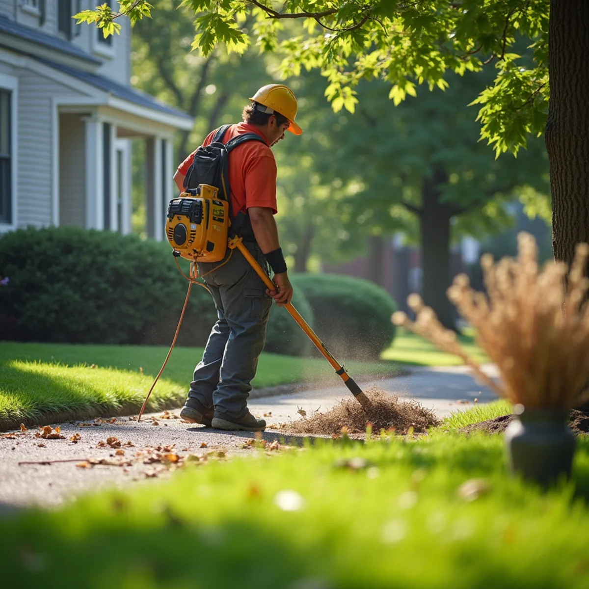 Ground crew raking and leaf-blowing residential lawn to spotless finish after tree work in Springfield