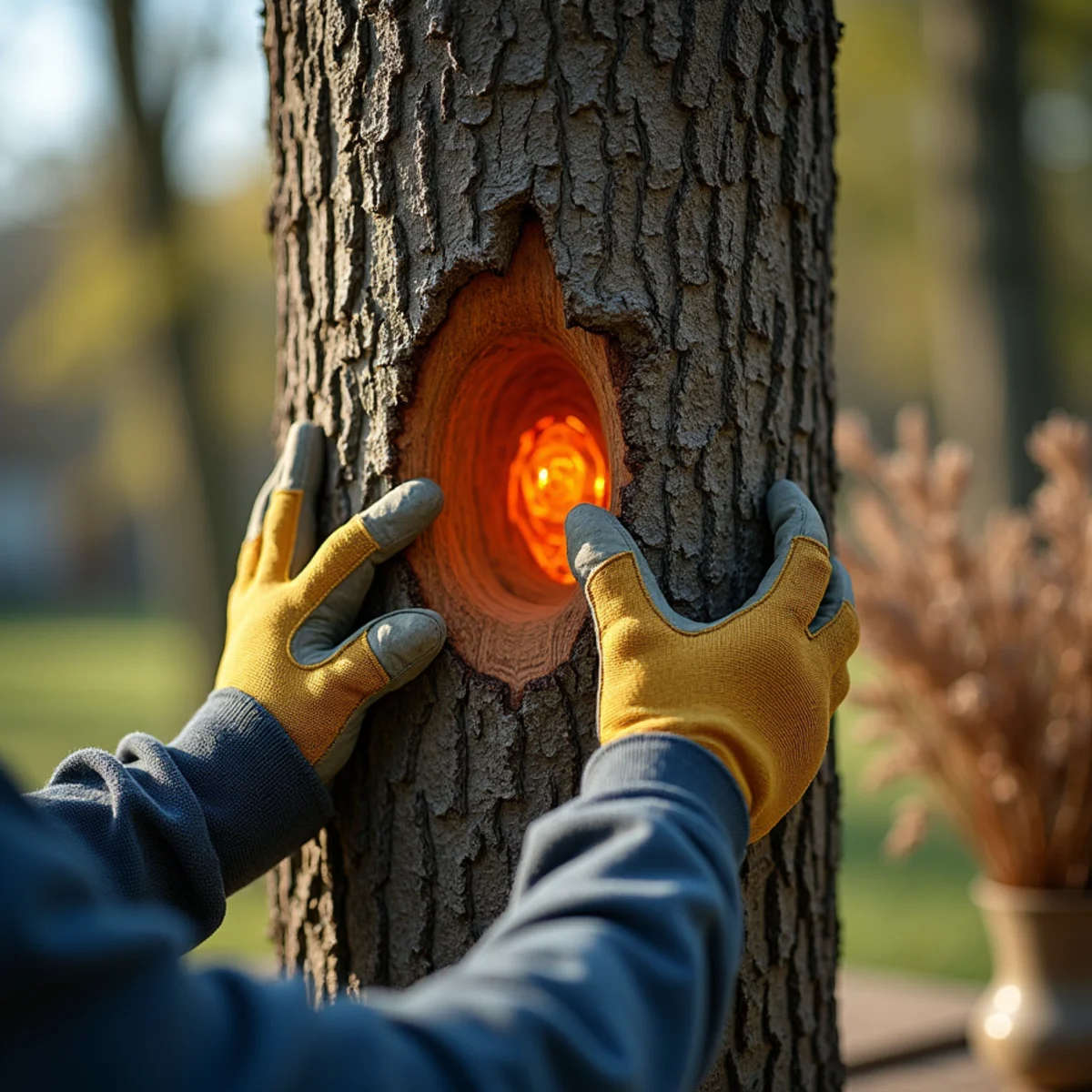 Arborist checking tree co-dominant stems for severe storm preparedness in Illinois