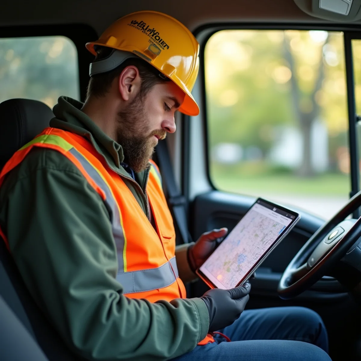 Tree service operations manager checking property maps and safety clearance tickets in vehicle cab