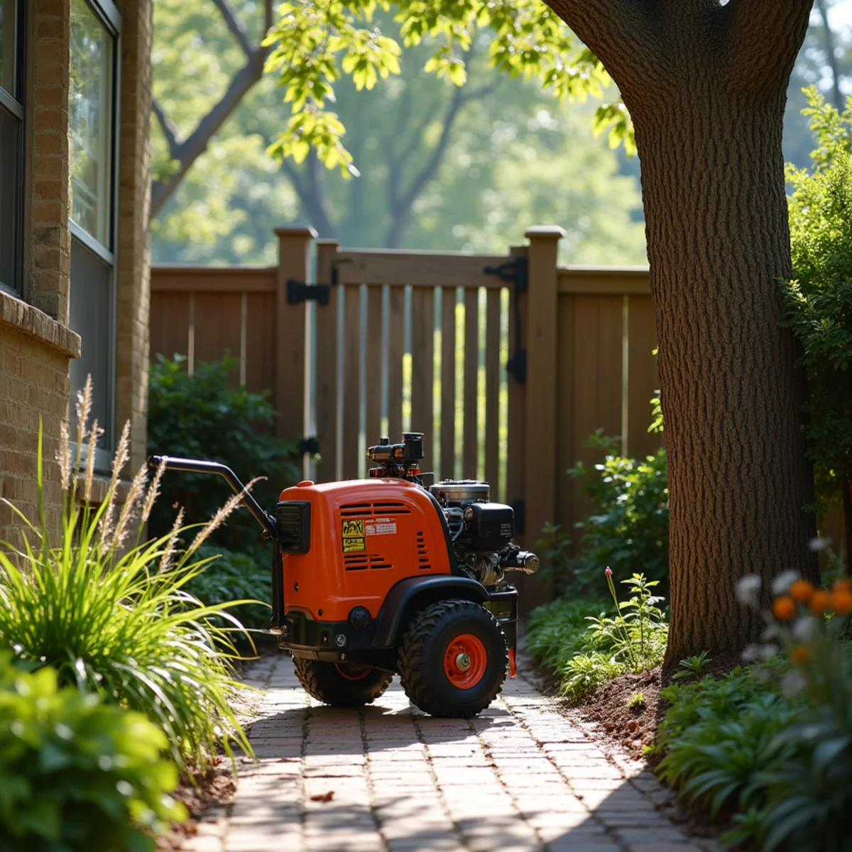 Narrow 35-inch stump grinder navigating 36-inch residential garden fence gate