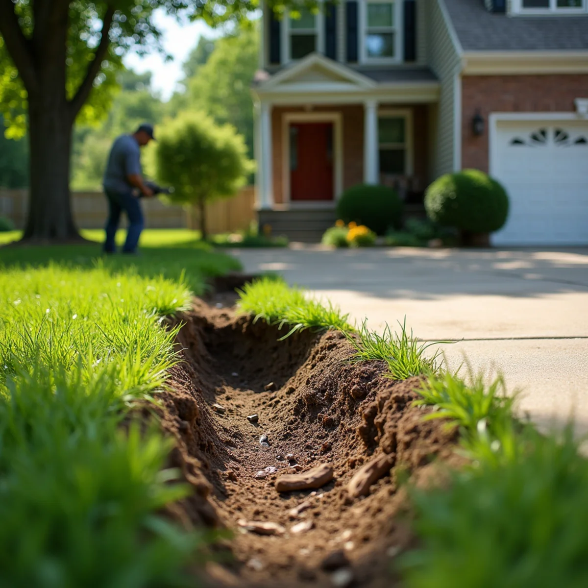 Surface tree roots ground flush and lawn regraded along concrete driveway
