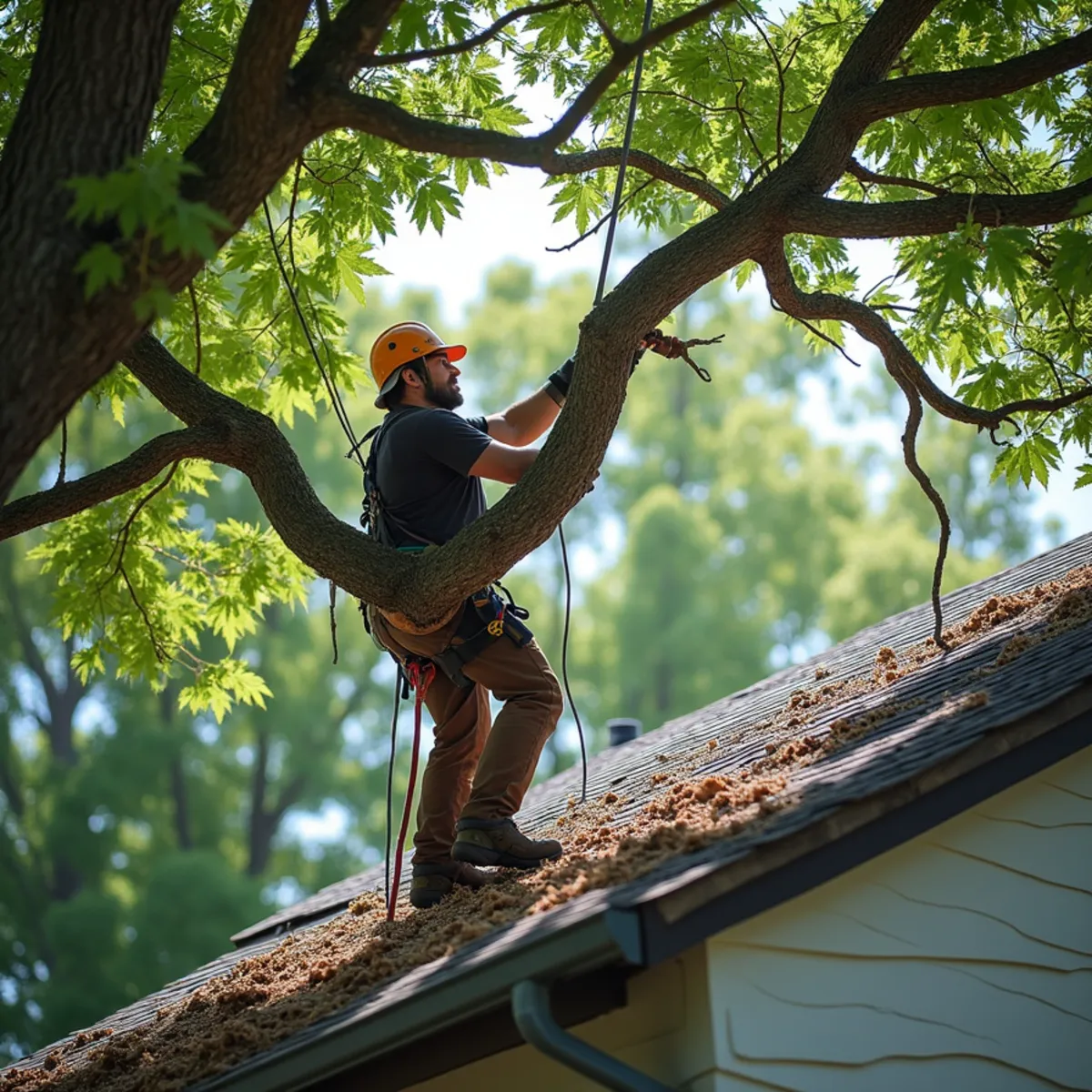 Arborist rigging large tree limb safely near home in Sangamon County IL
