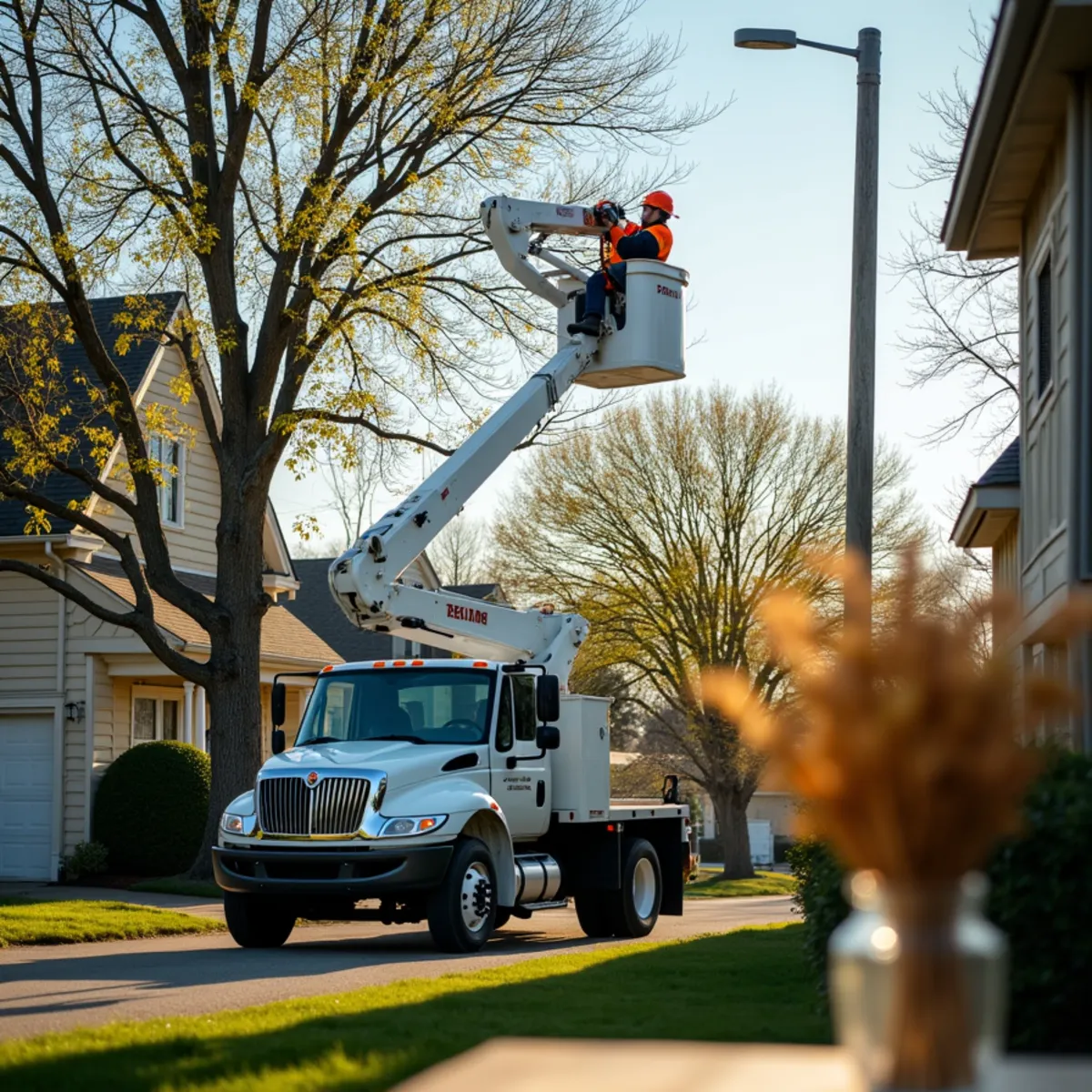 Bucket truck pruning branches away from power lines in Springfield IL