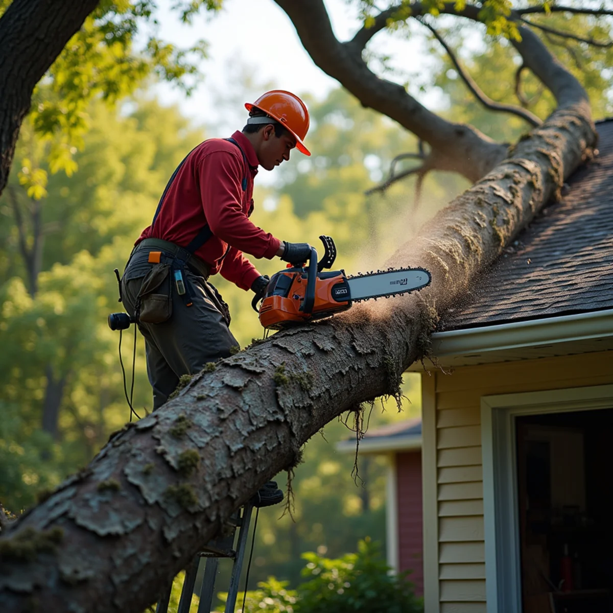 Emergency tree crew slicing thunderstorm damaged tree off garage roof