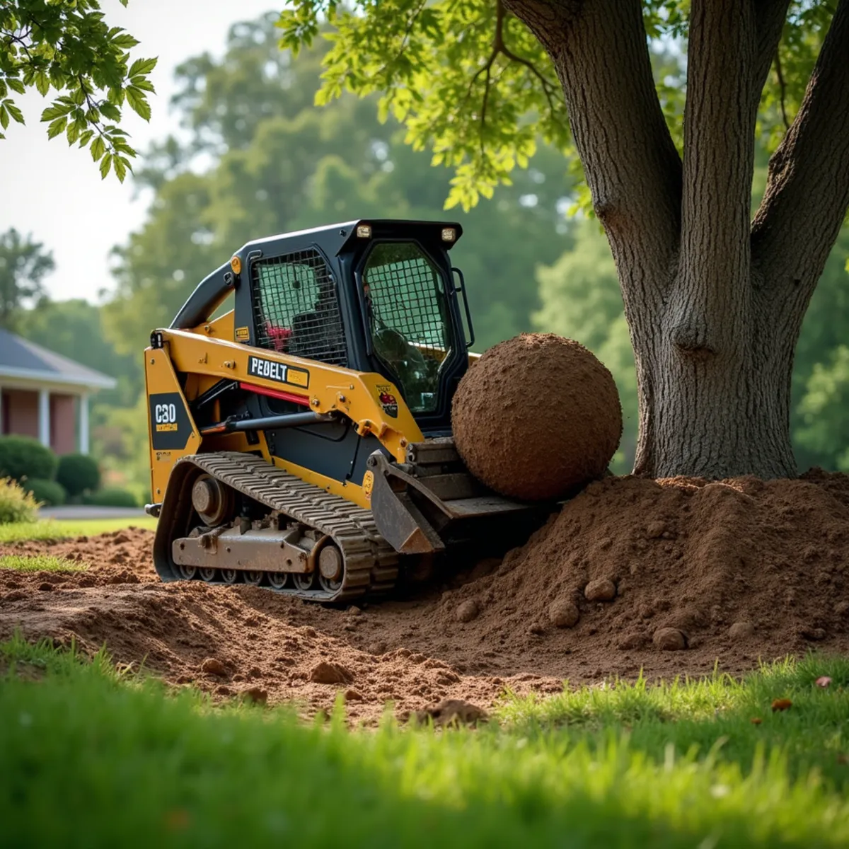 Compact track loader lifting severed tree root ball out of lawn crater in Illinois