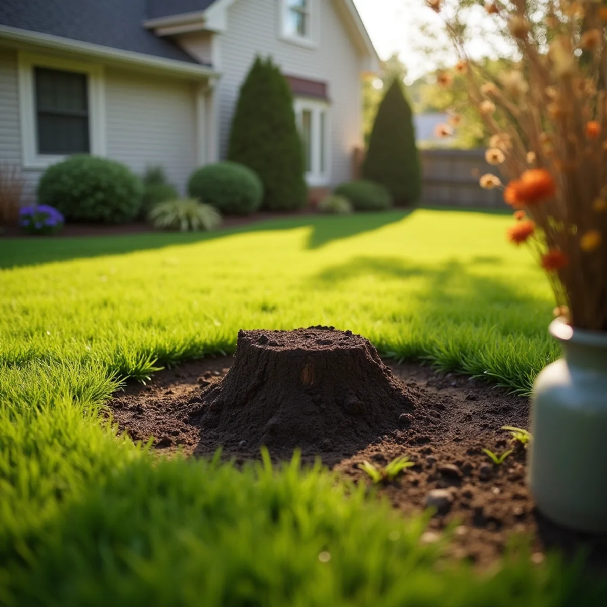 Clean leveled lawn after stump grinding and topsoil backfill