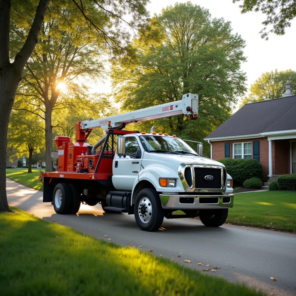 Tree service truck and equipment safely staged for a job in Decatur Illinois