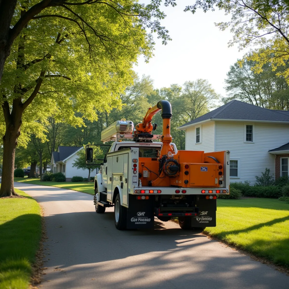 Tree service truck and equipment safely staged for a job in Forsyth Illinois