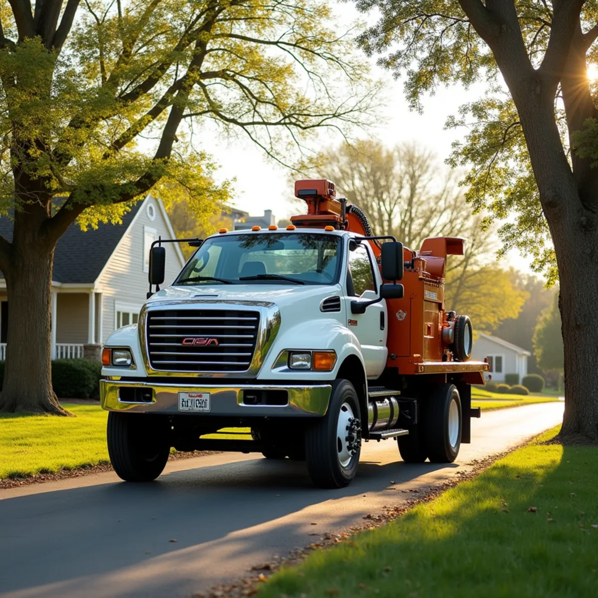 Tree service truck and equipment safely staged for a job in Jerome Illinois