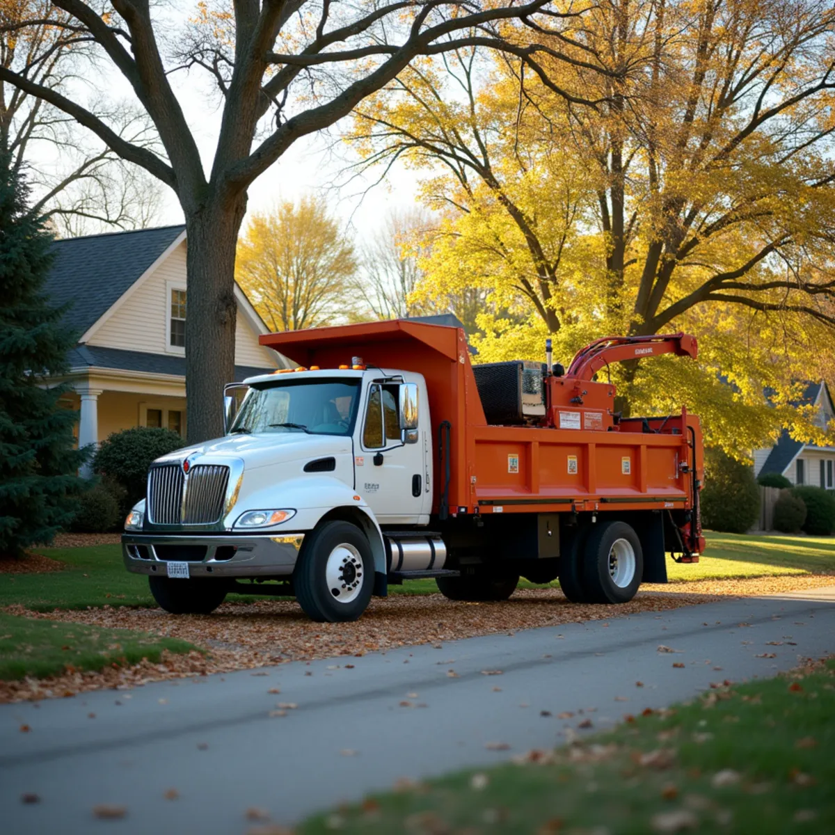 Tree service truck and equipment safely staged for a job in Leland Grove Illinois