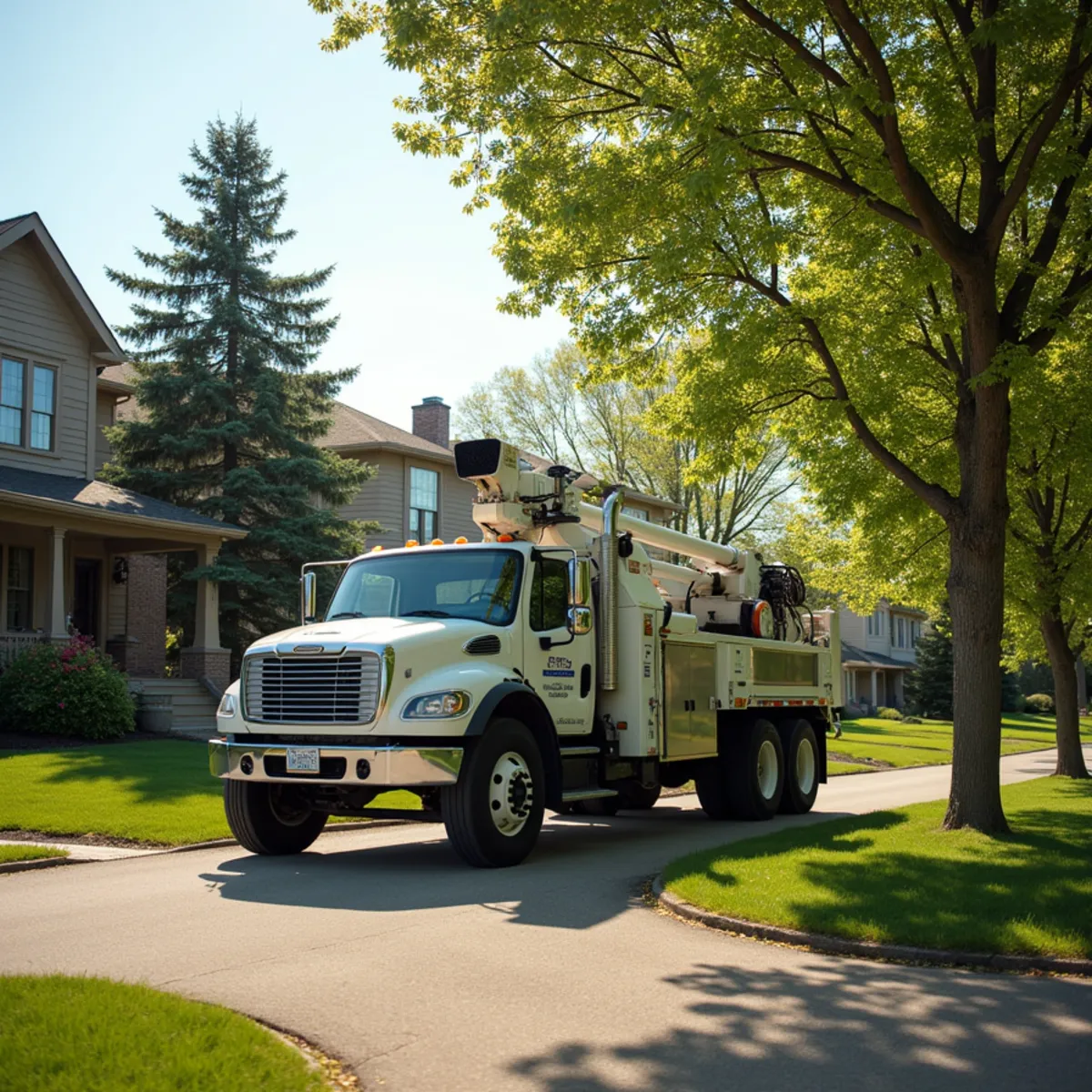 Tree service truck and equipment safely staged for a job in Lincoln Illinois