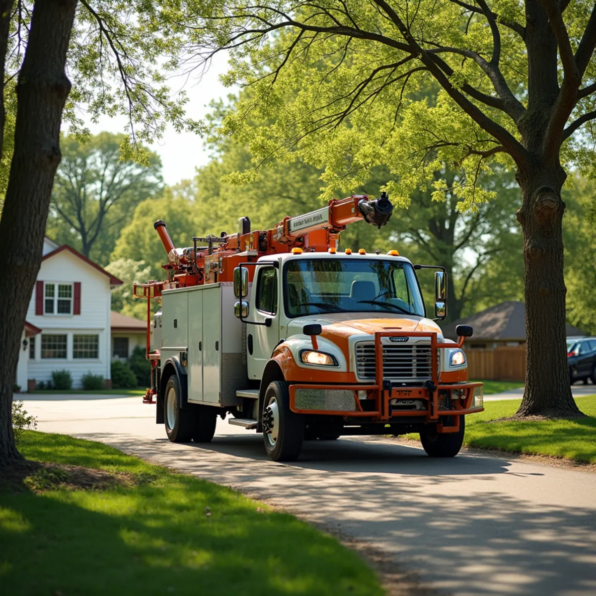 Tree service truck and equipment safely staged for a job in Litchfield Illinois
