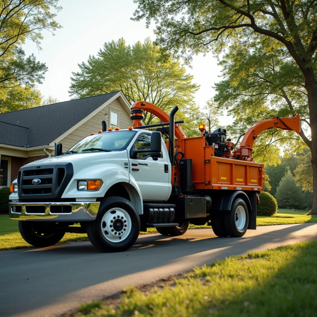 Tree service truck and equipment safely staged for a job in Logan County Illinois