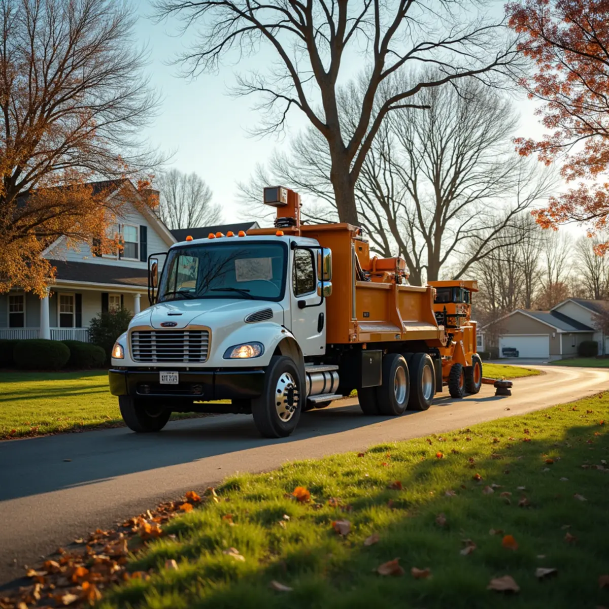 Tree service truck and equipment safely staged for a job in Macoupin County Illinois