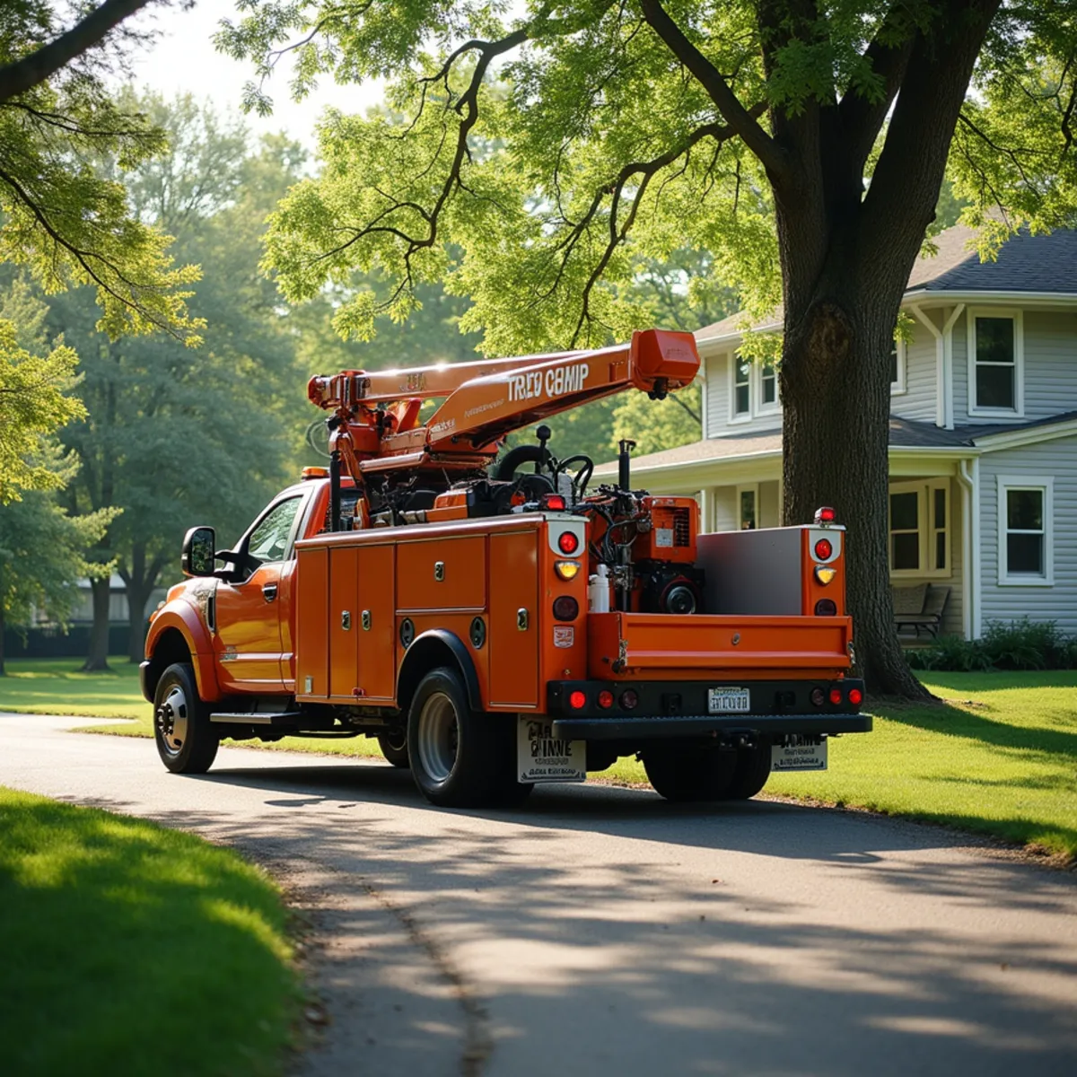 Tree service truck and equipment safely staged for a job in Mount Pulaski Illinois