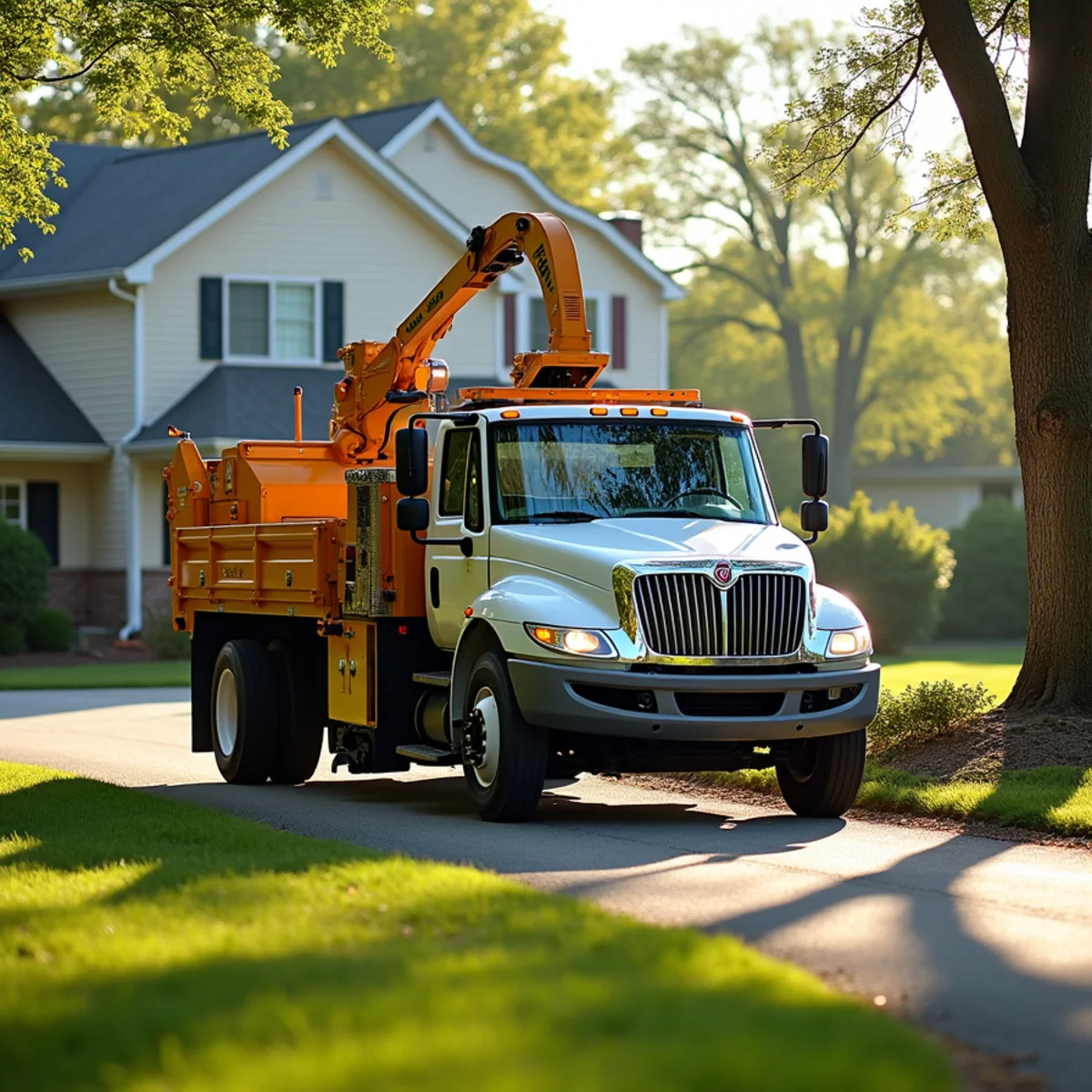 Tree service truck and equipment safely staged for a job in New Berlin Illinois