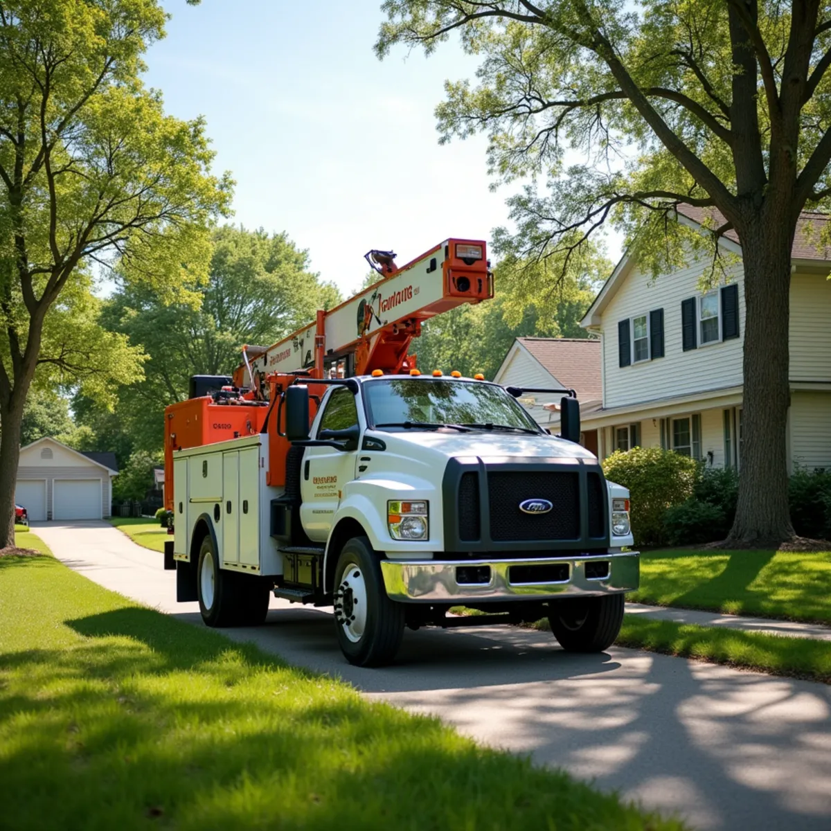 Tree service truck and equipment safely staged for a job in Petersburg Illinois