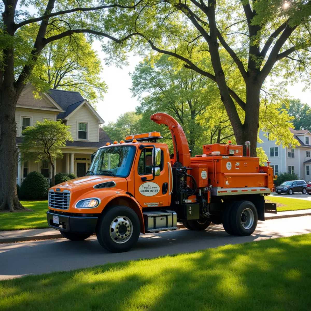 Tree service truck and equipment safely staged for a job in Rochester Illinois