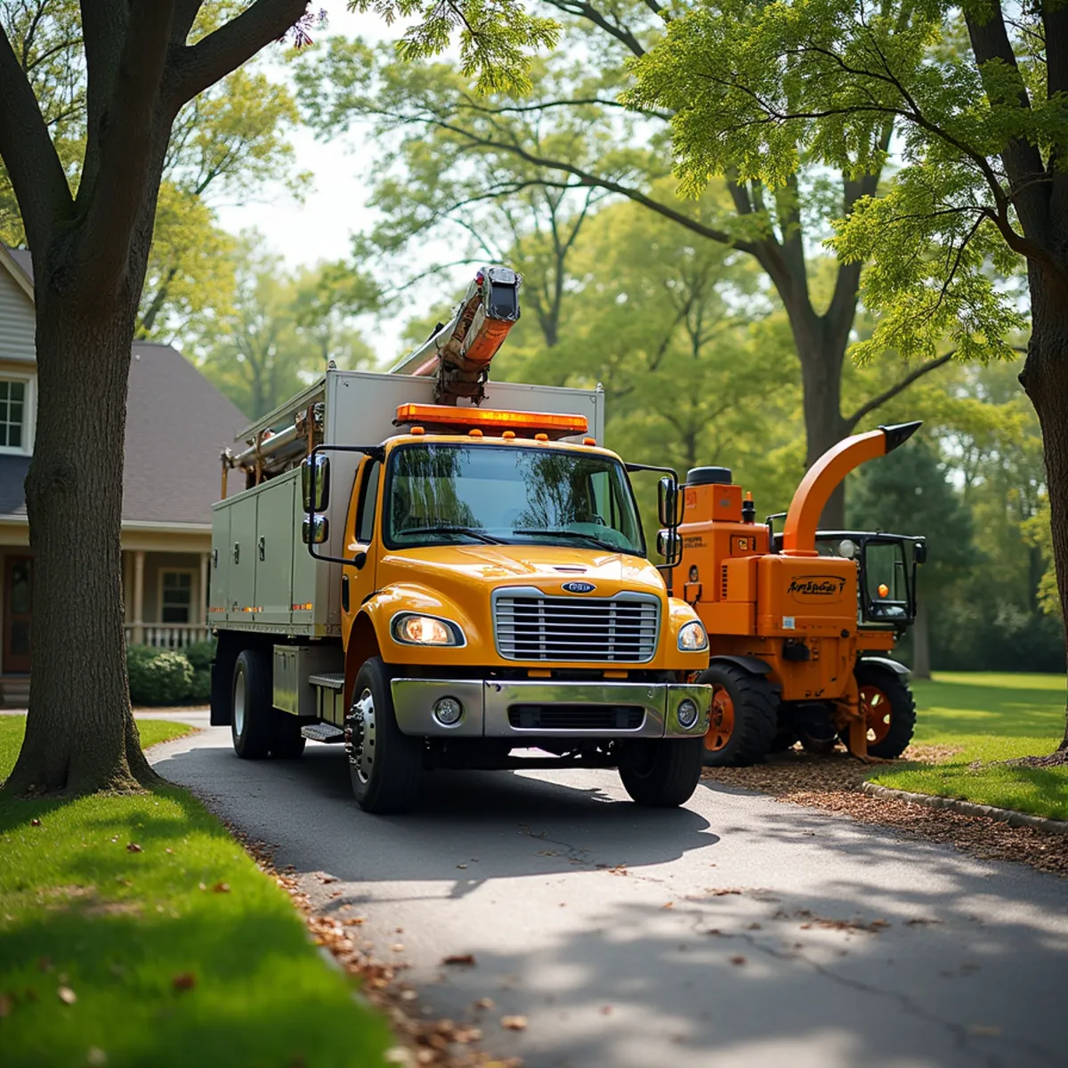 Tree service truck and equipment safely staged for a job in Sangamon County Illinois