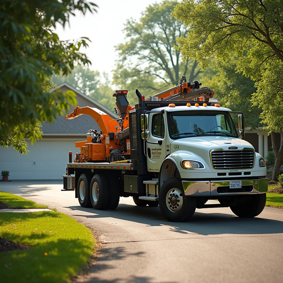 Tree service truck and equipment safely staged for a job in Virden Illinois