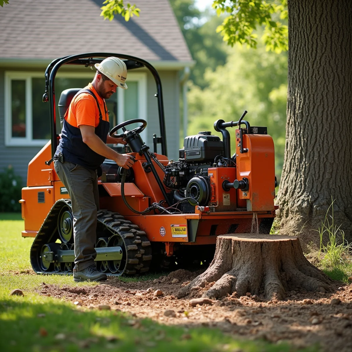 Self propelled compact stump grinder grinding surface oak roots in Sangamon County